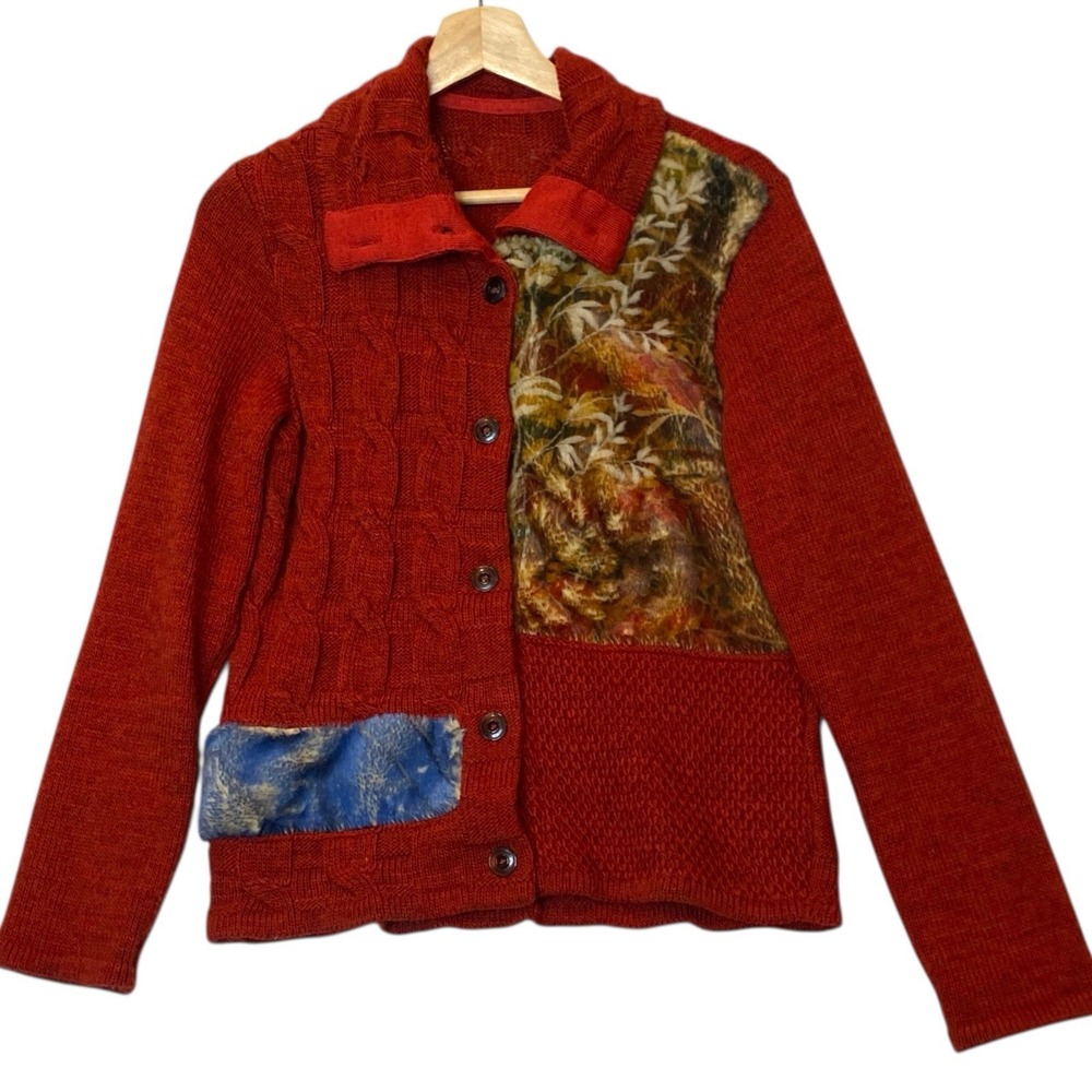 Wool Alpaca Cable Knit Cardigan Sweater‎ Womens L Rust Artisan Patchwork Unique